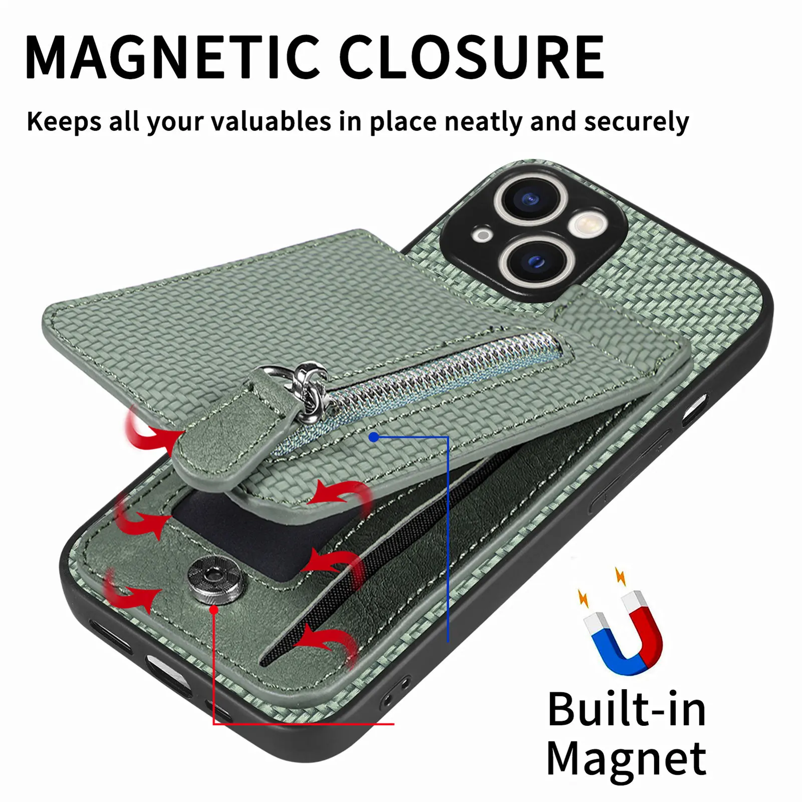 Leather Zipper Wallet Phone Case with Card Slots and Magnetic Holder