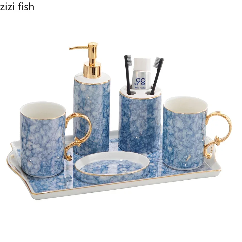Sea Blue Ripple Bathroom Accessories Set Portable Soap Dispenser Toothbrush Holder Soap Dish Quality Ceramic Bath Supplies