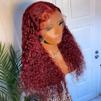 Water Wave 99J Red Burgundy Color Synthetic 13X4 Lace Frontal Wig For Black Women Prepucked Bleach Knot Glueless Wig Daily Party