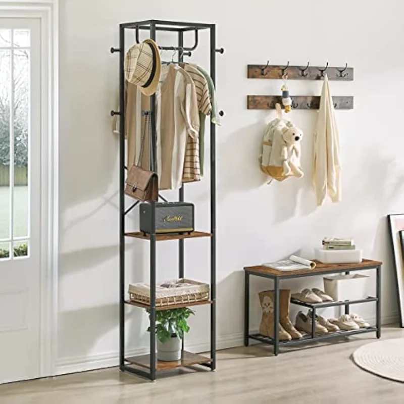 

IBUYKE Coat Rack with Shelves, Freestanding Hall Tree with 3 Shelves and 8 Hooks, Industrial Clothes Stand for Entryway, Hallwa