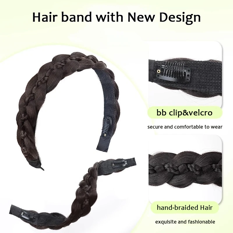 Synthetic Wig Braided Headband Adjustable Hoop Hairband with BB Clips&Velcro Fashion Hair Accessories Suitable for All Occasions