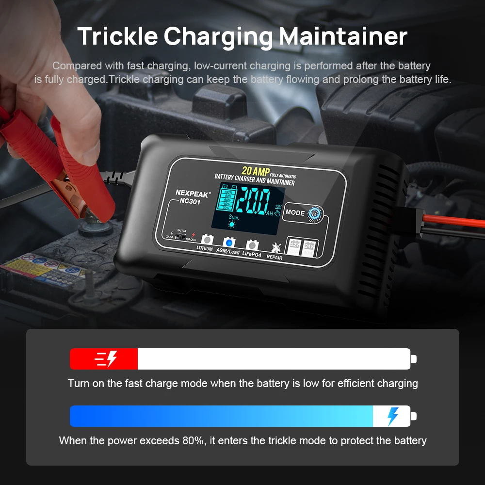 Auto Battery Charger 6V 12V 24V 20A For Motorcycle Auto Lead Acid AGM Lithium LiFePo4 Batteries car battery accessories