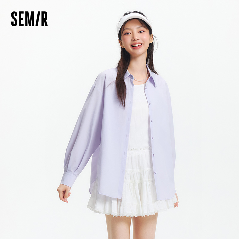 Semir Long Sleeve Shirt Women Mid-Length Stretch Loose 2025 New Summer Split Cool Feeling Sun Protection Top for Daily Wear