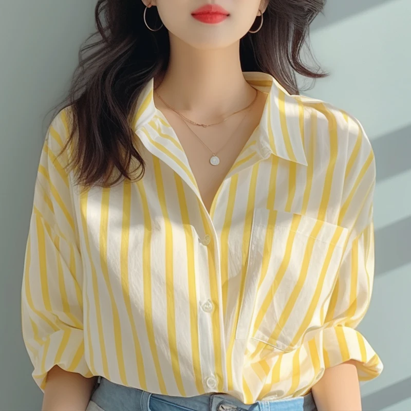 2024 New Summer Korean Aesthetic Loose Casual Office Lady Women's Shirt Pocket Mixed Cotton V Neck Long Sleeve Striped Y2K Tops