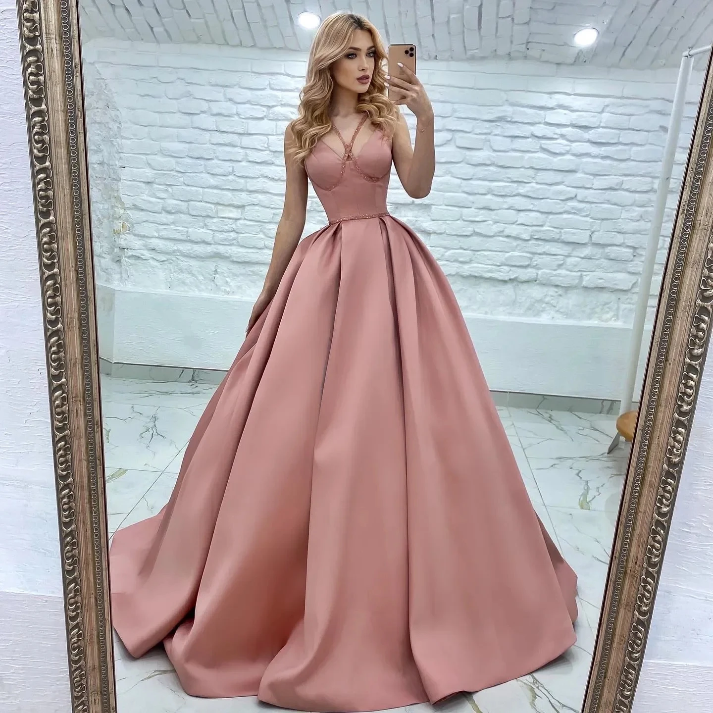 Sexy Backless Pink A Line Satin Evening Dress Long Prom Party Dress cc1839 main image 1