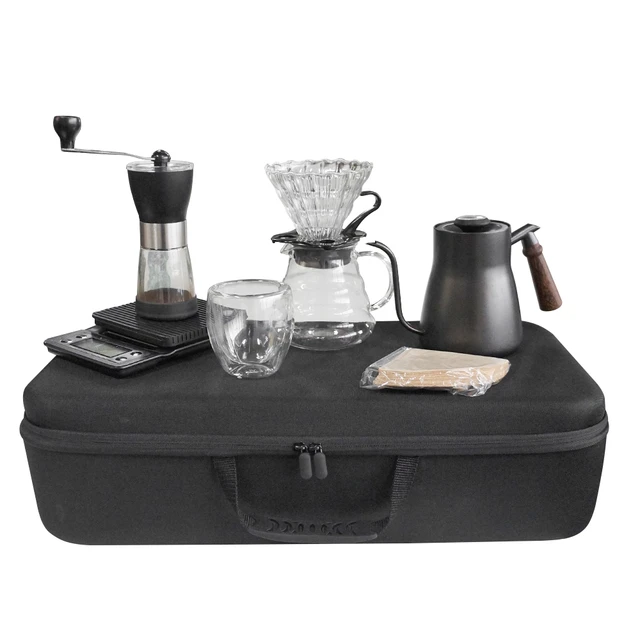 Pour Over Coffee Maker Portable Outdoor Travel Coffee Set Gift Box with  Steel Kettle Manual Grinder Glass Cup Filter Paper