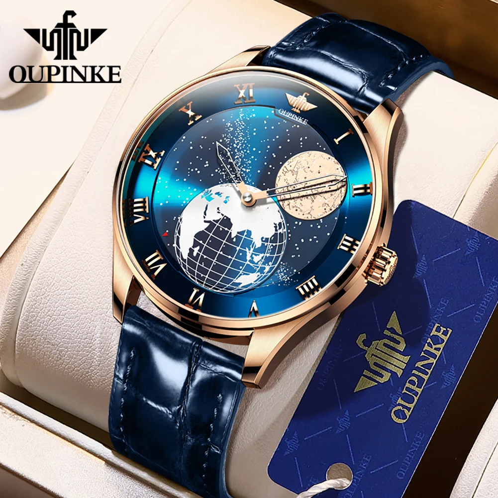 Oupinke Moon Phase Watch For Men 3D Earth Starry Star Quadrante Rotante Orologi Meccanici Automatici Moonswatch Da Uomo Di Marca Di Lusso
