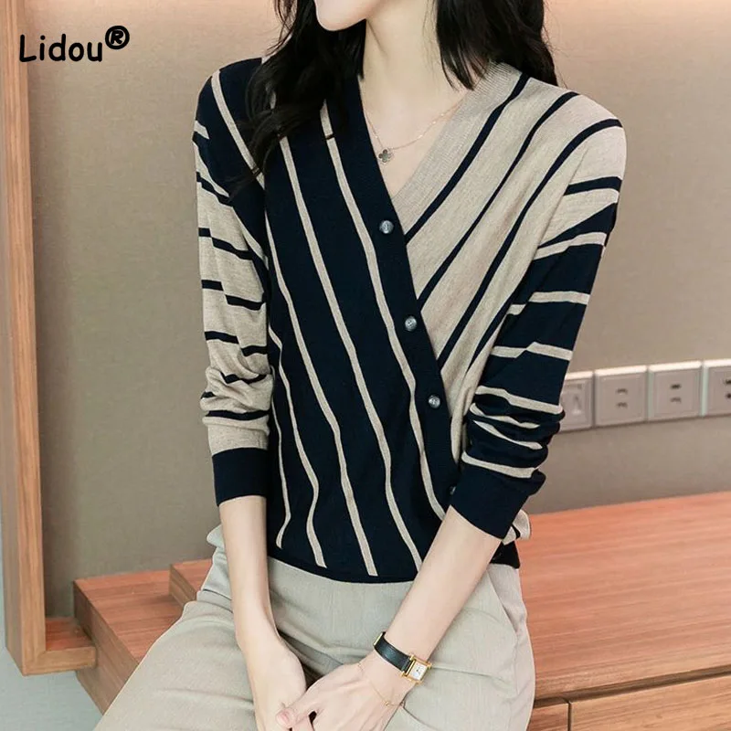 

Korean All-match V-Neck Striped Sweaters for Female Autumn Winter Fashion Commute Button Spliced Long Sleeve Knitted Pullovers