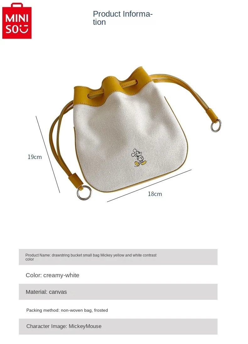 MINISO Disney Fashion High Quality Canvas Drawstring Phone Bag for Women's Casual Large Capacity Storage Crossbody Bag