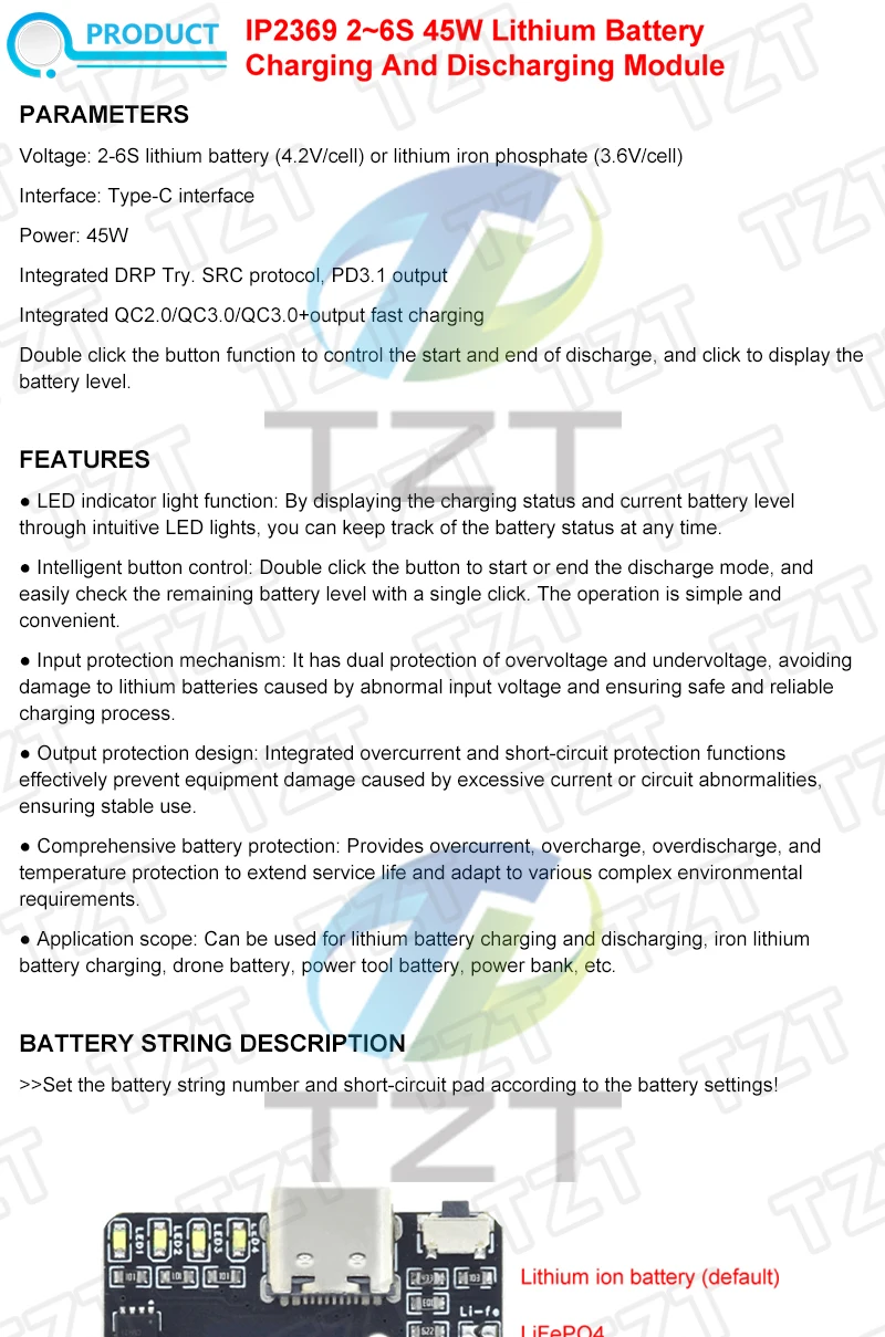 IP2369 45W 2S~6S Lithium-Batterie Lade- und Entladegerät BMS 3S 4S 5S Li-Ionen/LiFePO4 Batterieladegerät für Powerbanks und Drohnen – Detail 1