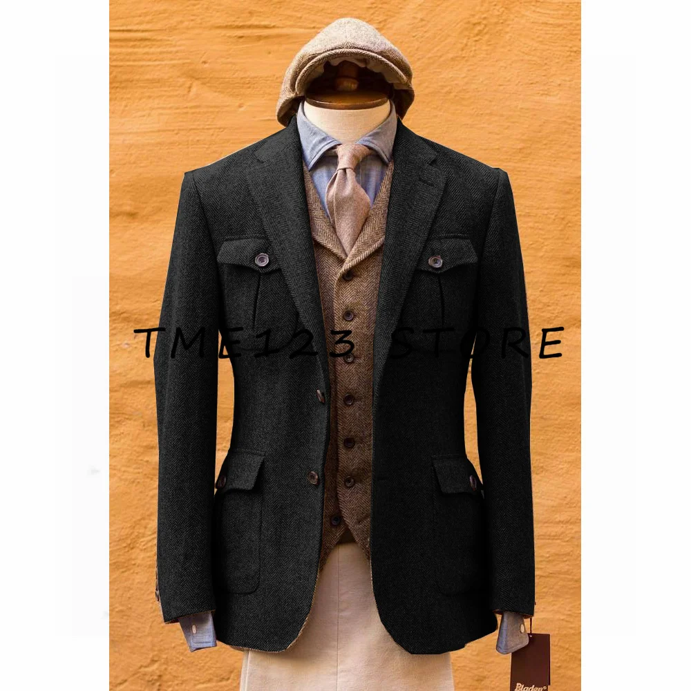 Herringbone Men's Jacket V Neck Single Breasted Business Casual Fashion Korean 2023 Autumn Luxury Brand Winter Jackets for Men 2