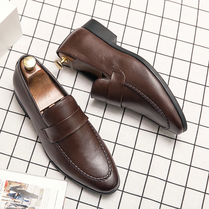 FELIX CHU Men's Pencil loafers Leather Elegant Wedding Party Casual Fashion Dress Shoes Brown Black Men's Shoes