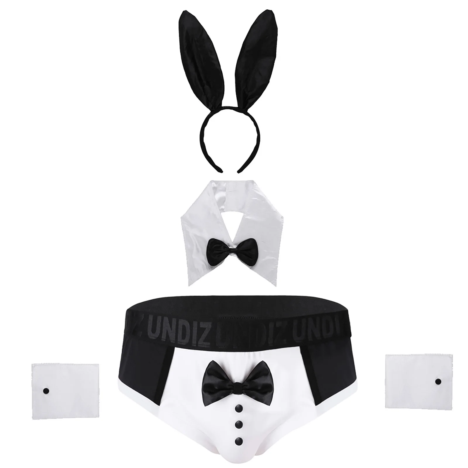 Mens Bunny Sexy Costume Halloween Cosplay Party Roleplay Outfits Bowknot Briefs Underwear with Ears Bowtie Collar and Cuffs Set