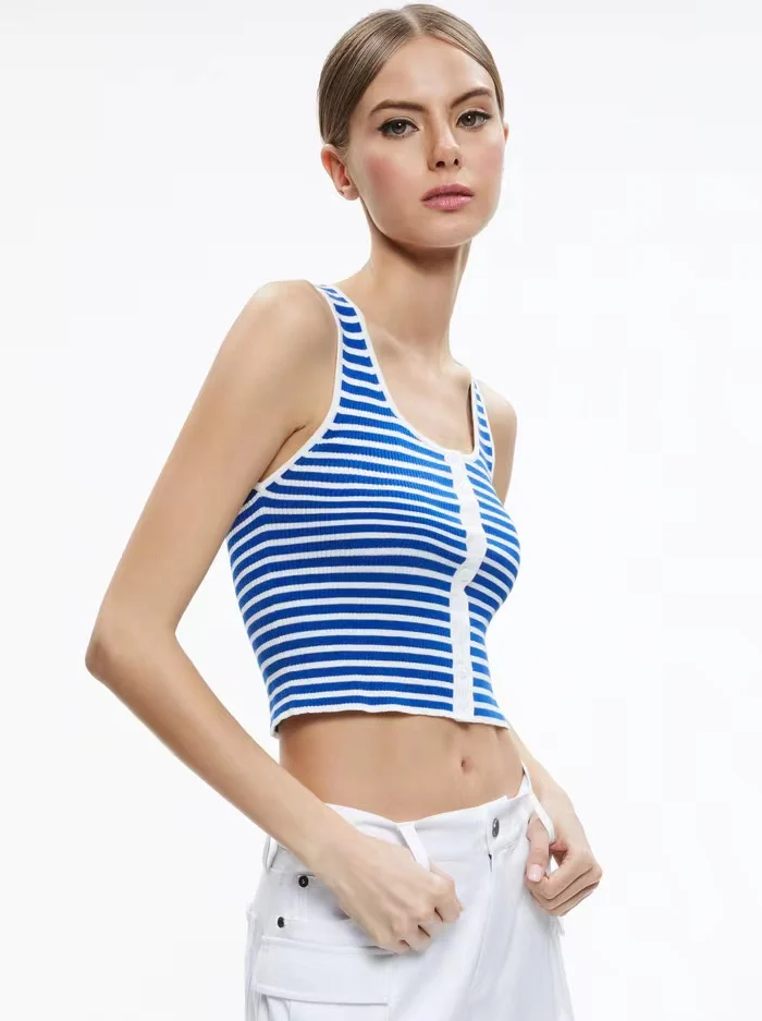 Crop Halter Top   Women's Knit Short Striped Square Neck Tank Undershirt stripe Print womens petite size Scoopneck sleeveless straps cashmere knitted Tops Cropped T-Shirts for woman in blue with white trim