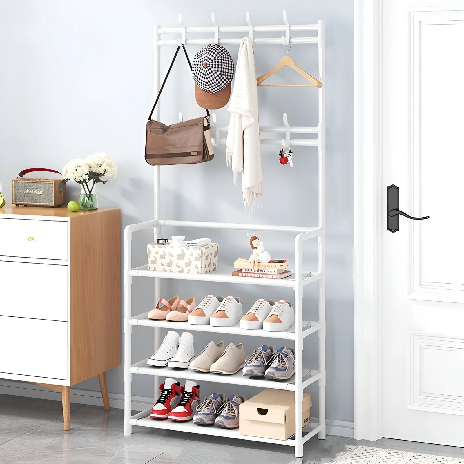 Shoe Rack Clothes Rack Shoe Organizer Shoe Rack Coat Rack Strand Simple Metal Storage with Hooks Multipurpose Coat Hanger and Shoe Shelf for Entryway Home