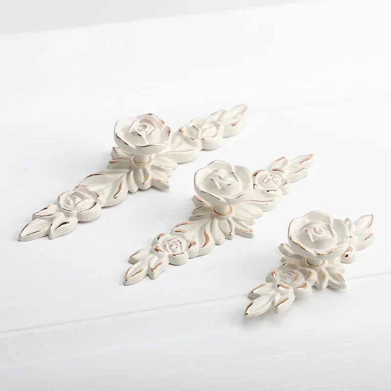Ivory White Rose Flower Zinc Alloy Kitchen Cabinet Handles Drawer Knobs Wardrobe Cupboard Door Pulls Furniture Hardware