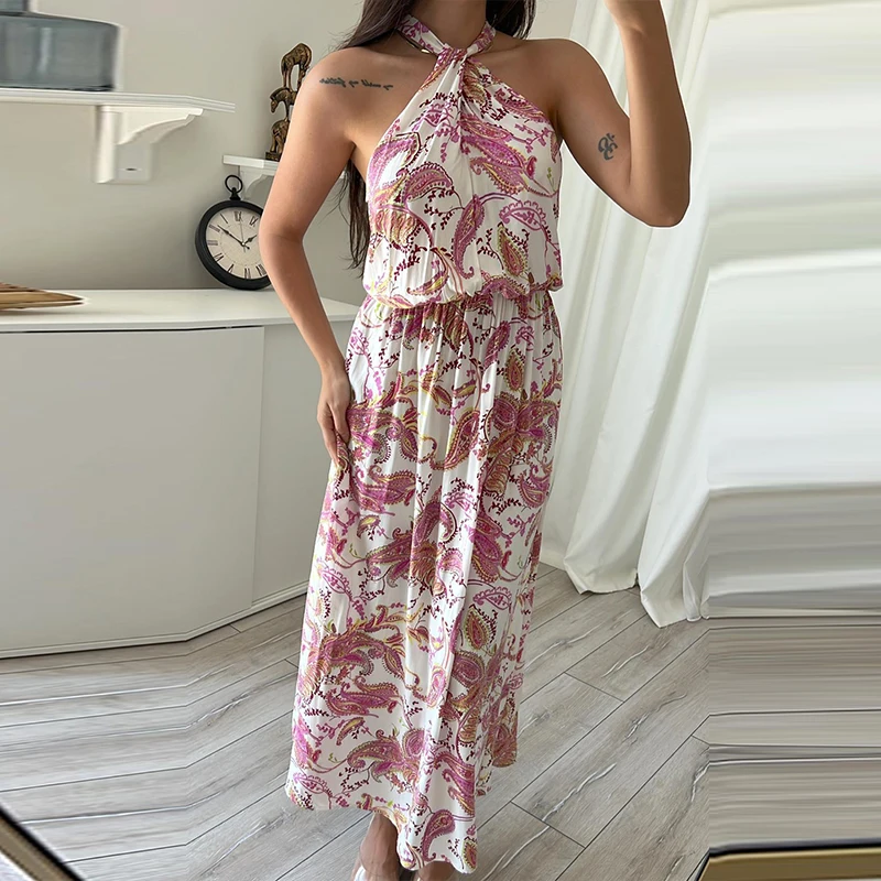

Fashion Summer Pattern Print Halter Loose Dress Elegant High Waist Long Dress Female Off Shoulder Hollow Out Holiday Beach Dress