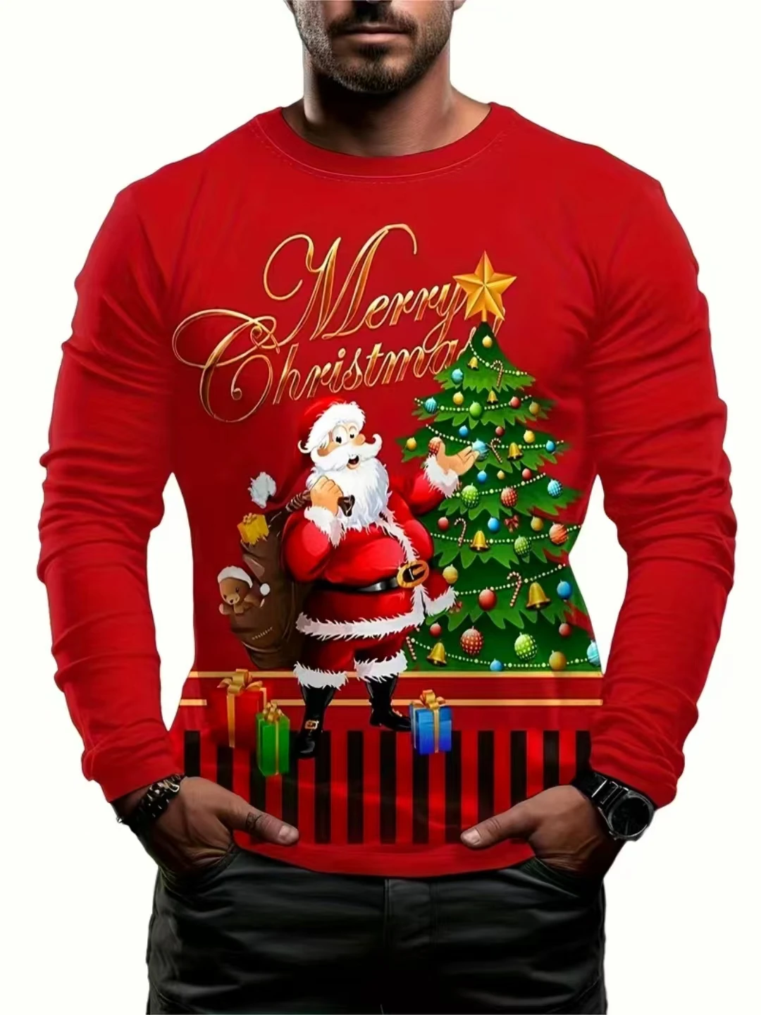

Christmas Santa Claus Print, Men's Long Sleeve Novelty T-shirt, Stylish Tees For Autumn, Mens Clothing