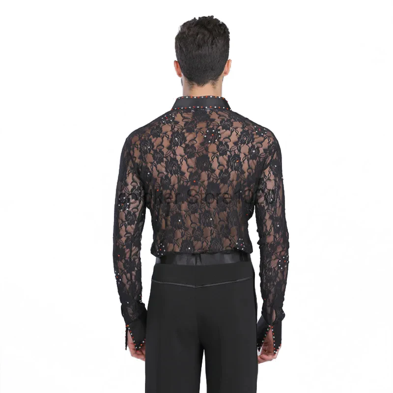 Men's Latin Dance Costume Black White Hollow Lace Leotard Bodysuit Cha-Cha Tango Rumba Dance Performance Shirt For Male dance dress,dance shirts,dance bodysuit