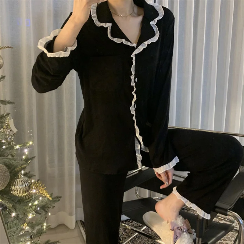 Korean INS Style Simple Casual Long Sleeve Pajamas Trousers Set Lacy Sweet Lady's Loungewear Cardigan Sleepwear Loose Black