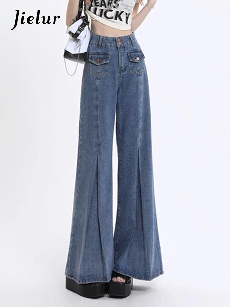 Jielur Vintage Blue High Waist Slim Women's Jeans Loose Sexy Double Buttons Chic Female Wide Leg Pants Fashion Streetwear Jeans