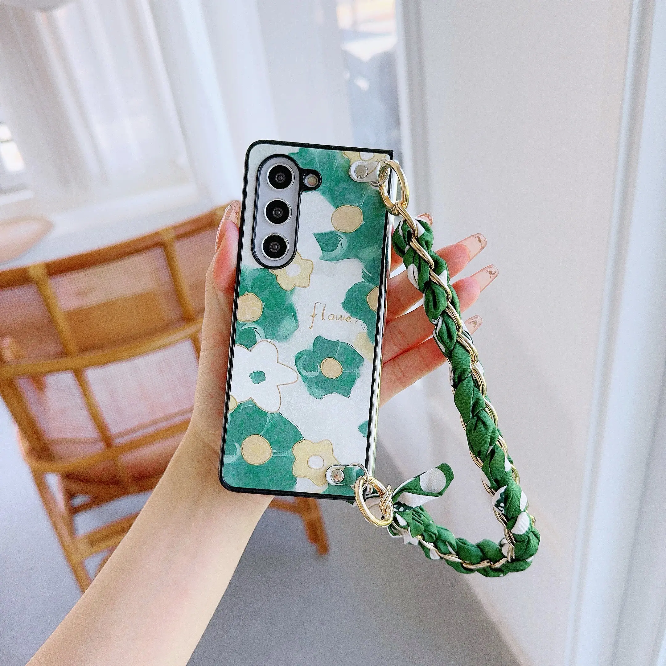 Floral PU Leather Phone Case with Hinge Protection & Scarf Wrist Chain Bracelet