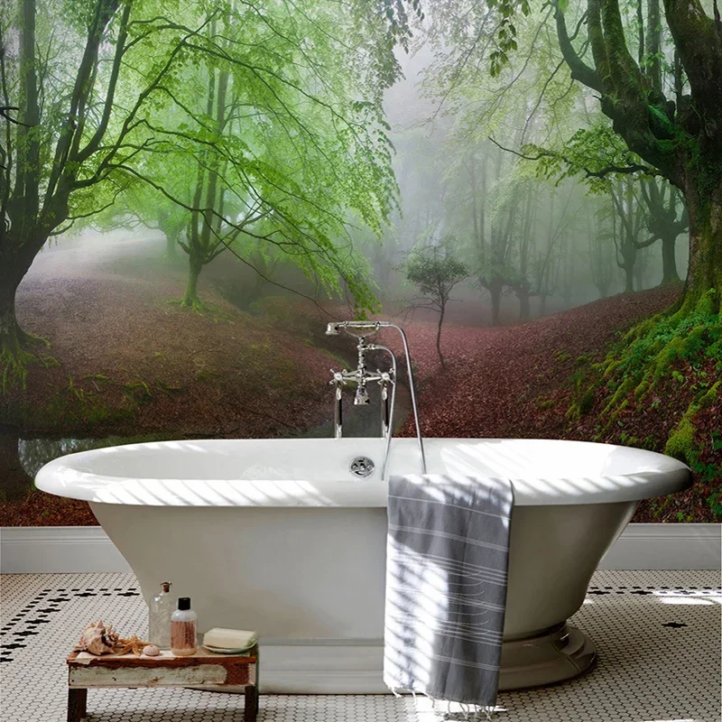 Custom Self-adhesive Bathroom Mural Wallpaper 3D Primary Forest Landscape Nature Wall Painting PVC Waterproof Papel De Parede 3D