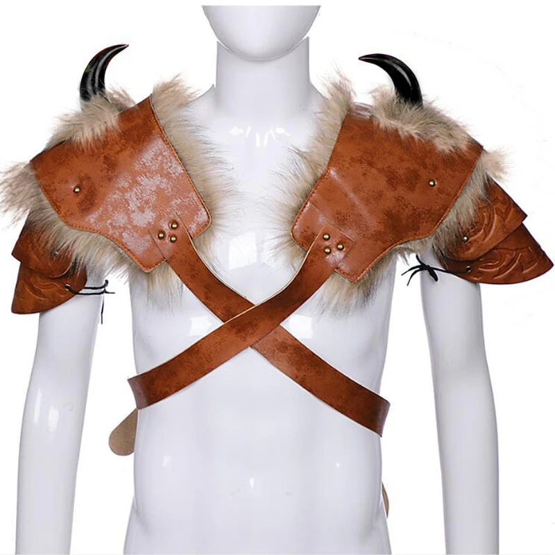 Warrior Armour Costume Cosplay Adult PU Leather Brown Fur Viking Shoulder Armor With Horn Halloween Carnival Party Costume Prop
