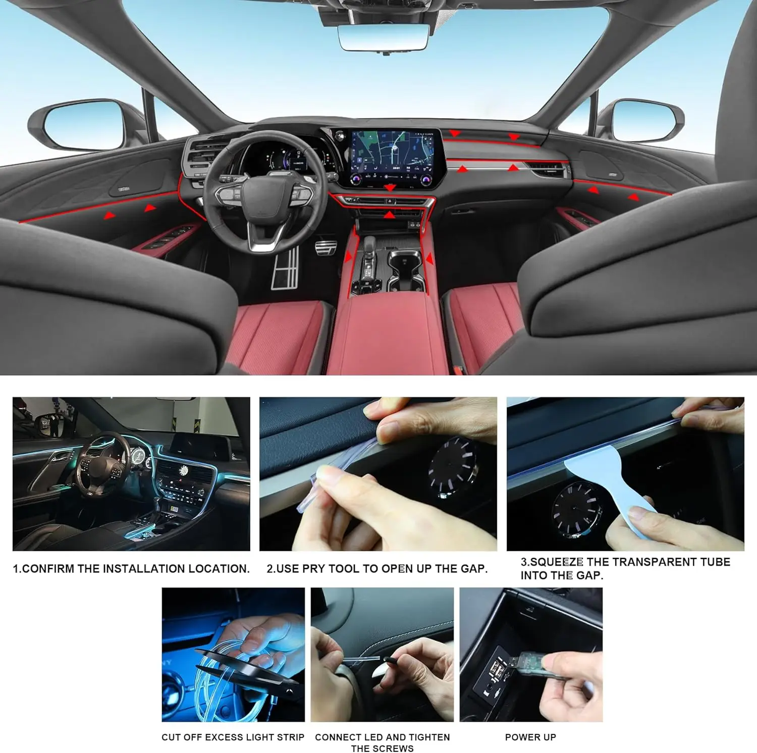 Car Interior RGB LED Atmosphere Light Strip USB Fiber Optic Neon Invisible Ambient Lamp Center Console Door Decoration Trim