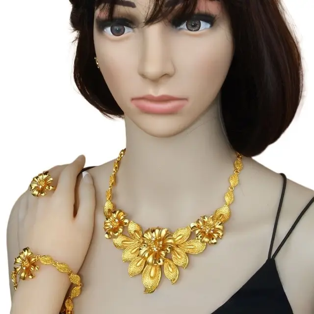 Imitation 100% 24K Real Gold Women s Party Alloy Necklace Set African Fashion Pure 18K Gold Jewelry Bride Shape Matching Jewelry