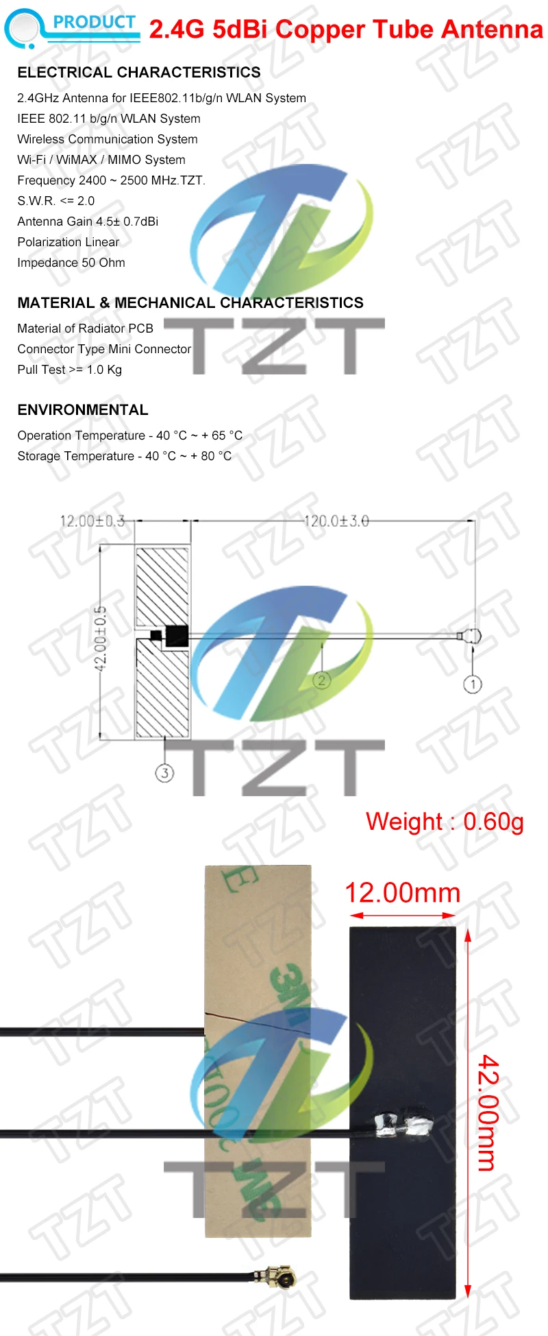 TZT 10/30PCS 2,4 GHz WLAN Interne Antenne FPC 5dBi IPX-Anschluss Omni-Antenne IEEE 802.11 b/g/n WLAN-System – Detail 1