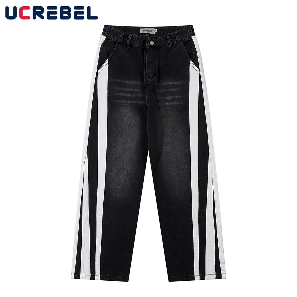 

Side Webbing Denim Pants Mens High Street Washed Spliced Straight-leg Pants Men Loose Jeans