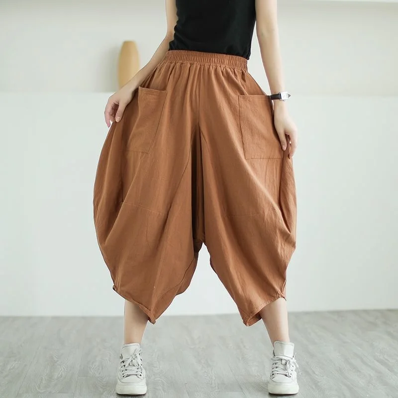 Women's Summer New High Waist Elastic Wide Leg Pants Fashion Design Solid Pocket Lantern Pants Plus Size Loose Versatile Capris