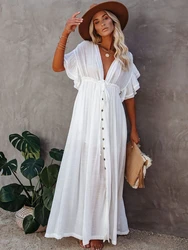 Beach Dress Maxi Women Summer Ruffle Sleeve Deep V Neck Solid Elegant Bohemian Wedding Outfits Bikini Cover Up Robe Beachwear
