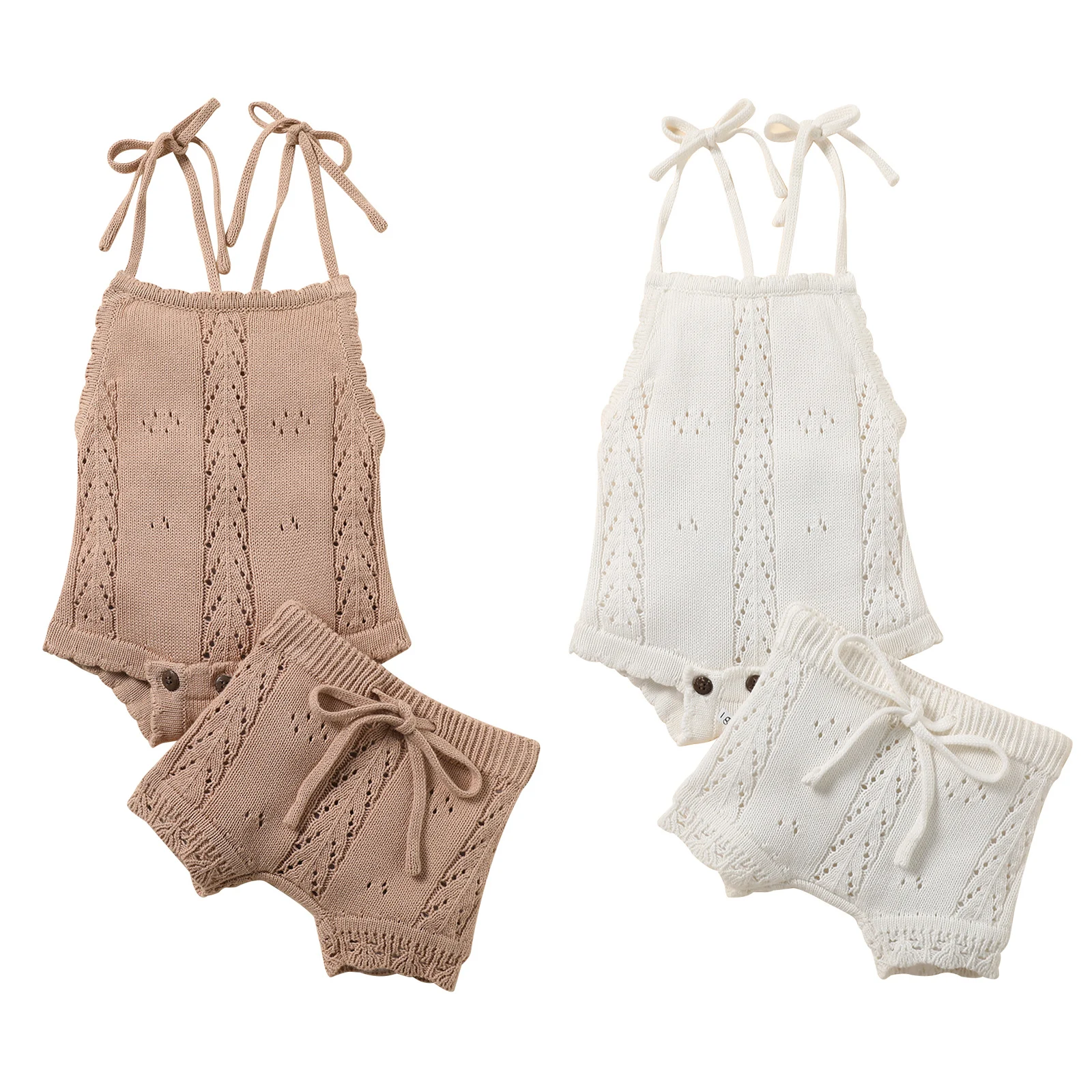 Infant Kids Baby Girl Boy Shorts Suits Solid Color Sling Knit Romper Drawstring Shorts Birthday Sets kids clothes set two piece set baby girl clothing set shorts suit