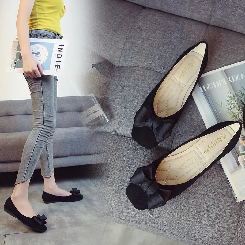 Flat Shoes Women's Fashion Butterfly-knot Square Toe Party Leather Ballet Big Size 43 Shallow Ladies Loafers Black Blue New
