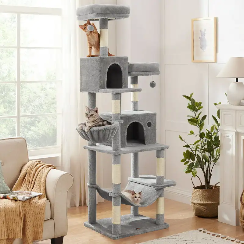 

Cat Tree Tall Cat Tower with Removable Top Perch Covers Cat Condo with Scratching Posts Light Gray