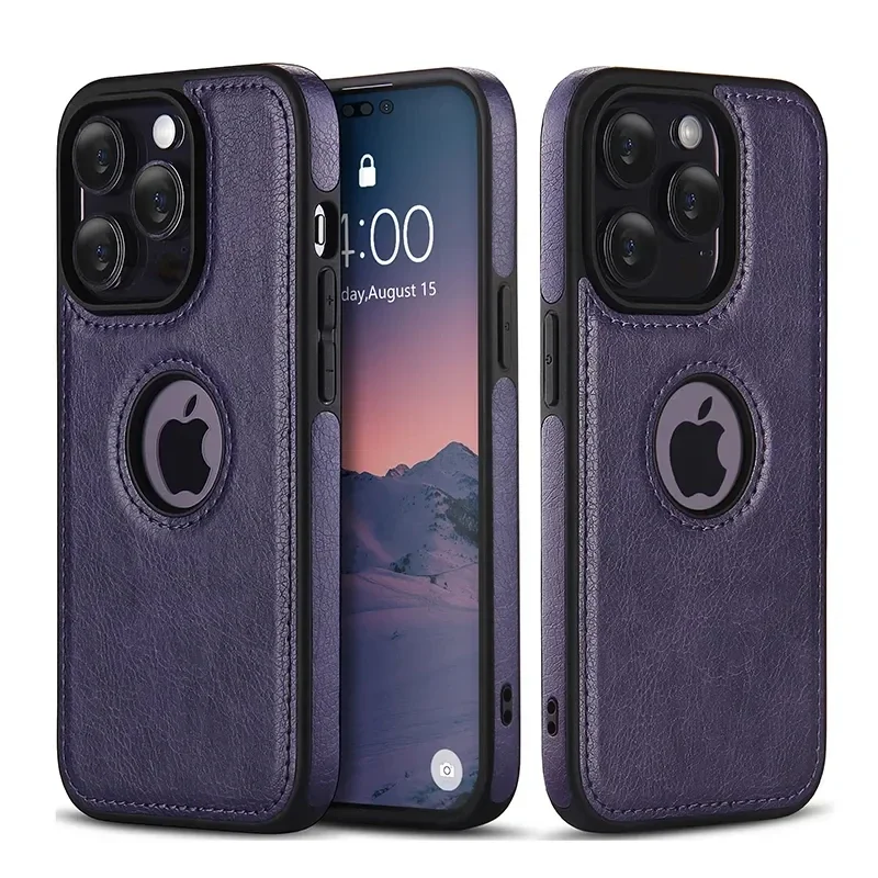 Luxury PU Leather Shockproof Business Phone Case with Cowhide Design and Logo Cutout