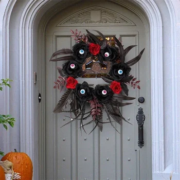 New Gotico Balck Rose Wreath Halloween Eyeball Wreath Black Rose for Front Door Window Mantle Indoor Outdoor Halloween 2