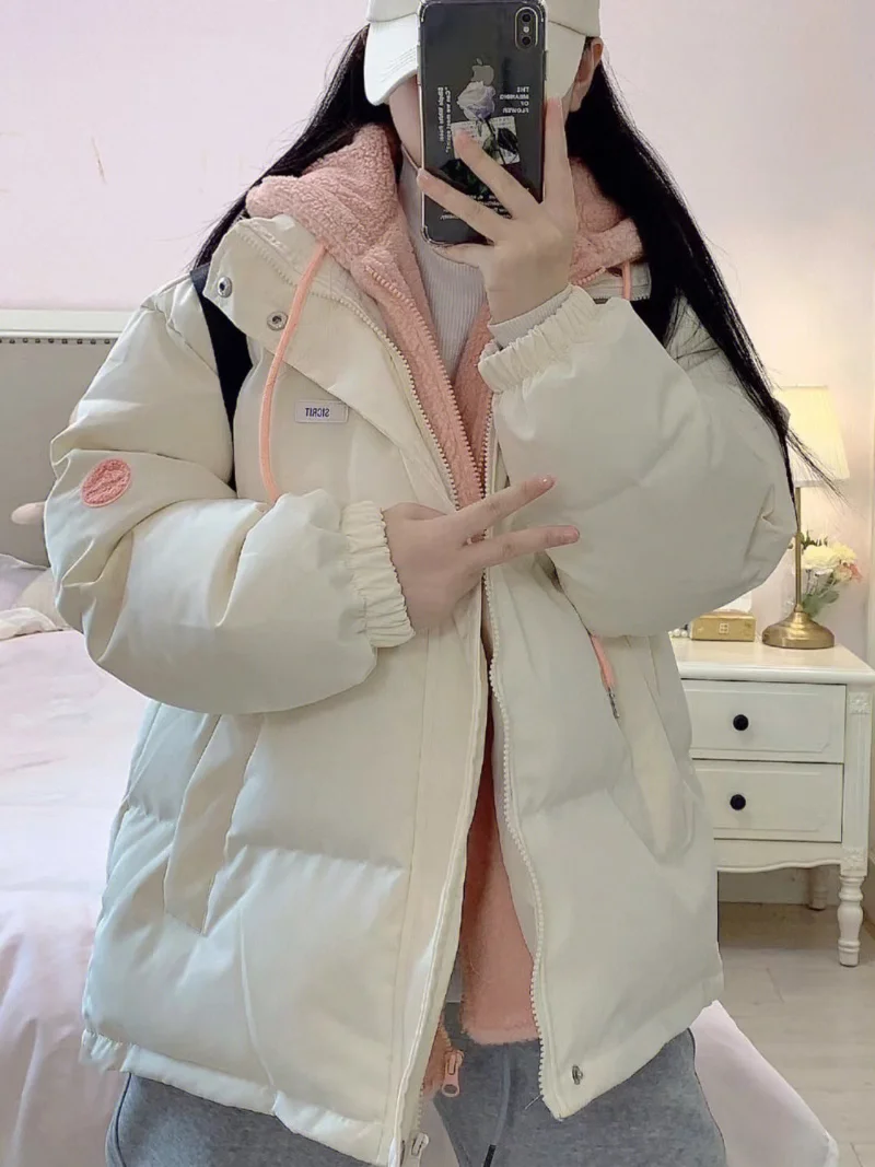 

Double Paneled Lamb Plush Thick Cotton Jacket Women's Ins Winter Warm Student Casual Hooded Bread Down Jacket Y2K Aesthetic Coat