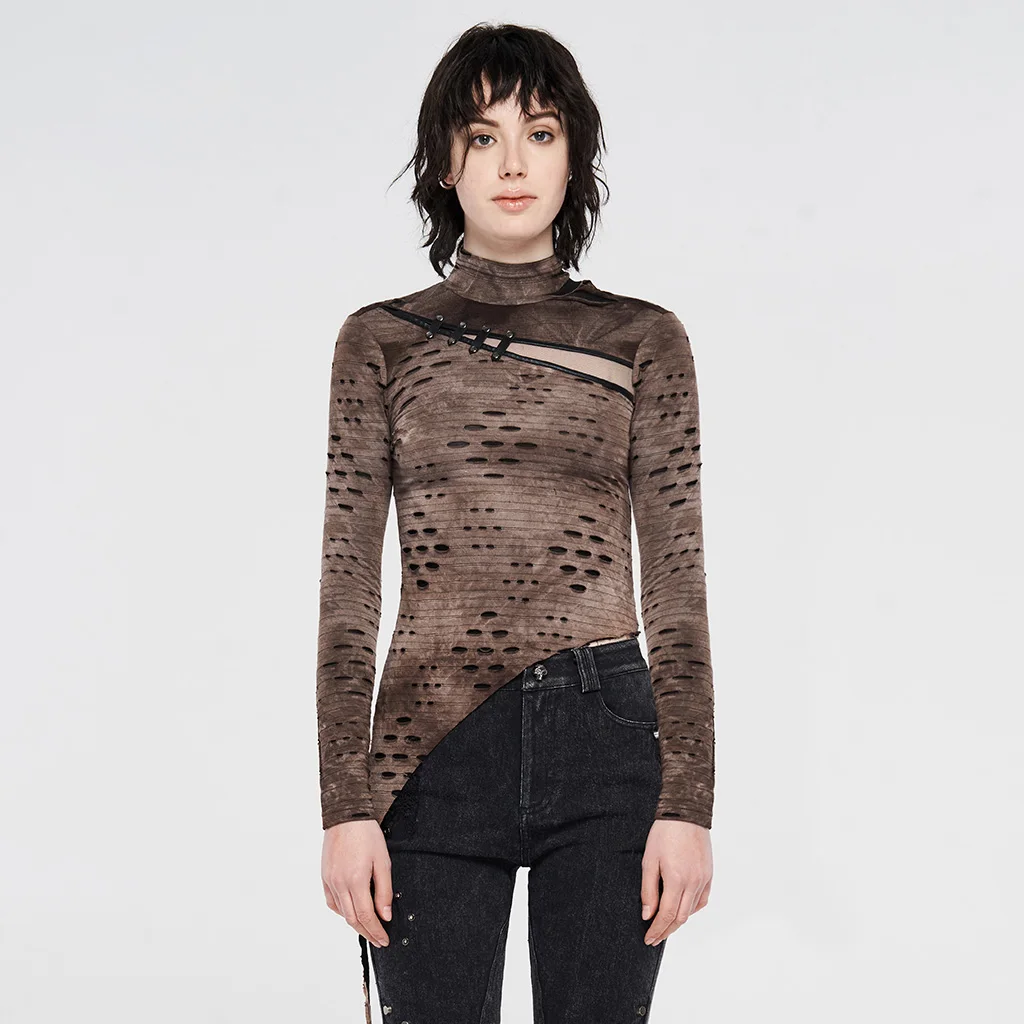 

PUNKRAVE Women's Shirt Steampunk T-shirts Gothic Broken Knitted Asymmetrical Hem Tight Casual Long Sleeve Top