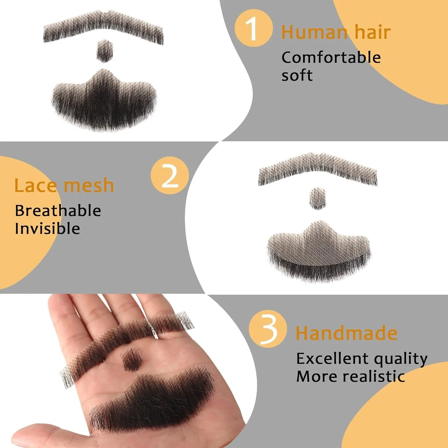 Fausse Barbe Réaliste En Cheveux Humains - Moustache Invisible Dentelle - Cosplay Halloween Costumes Homme - Brun