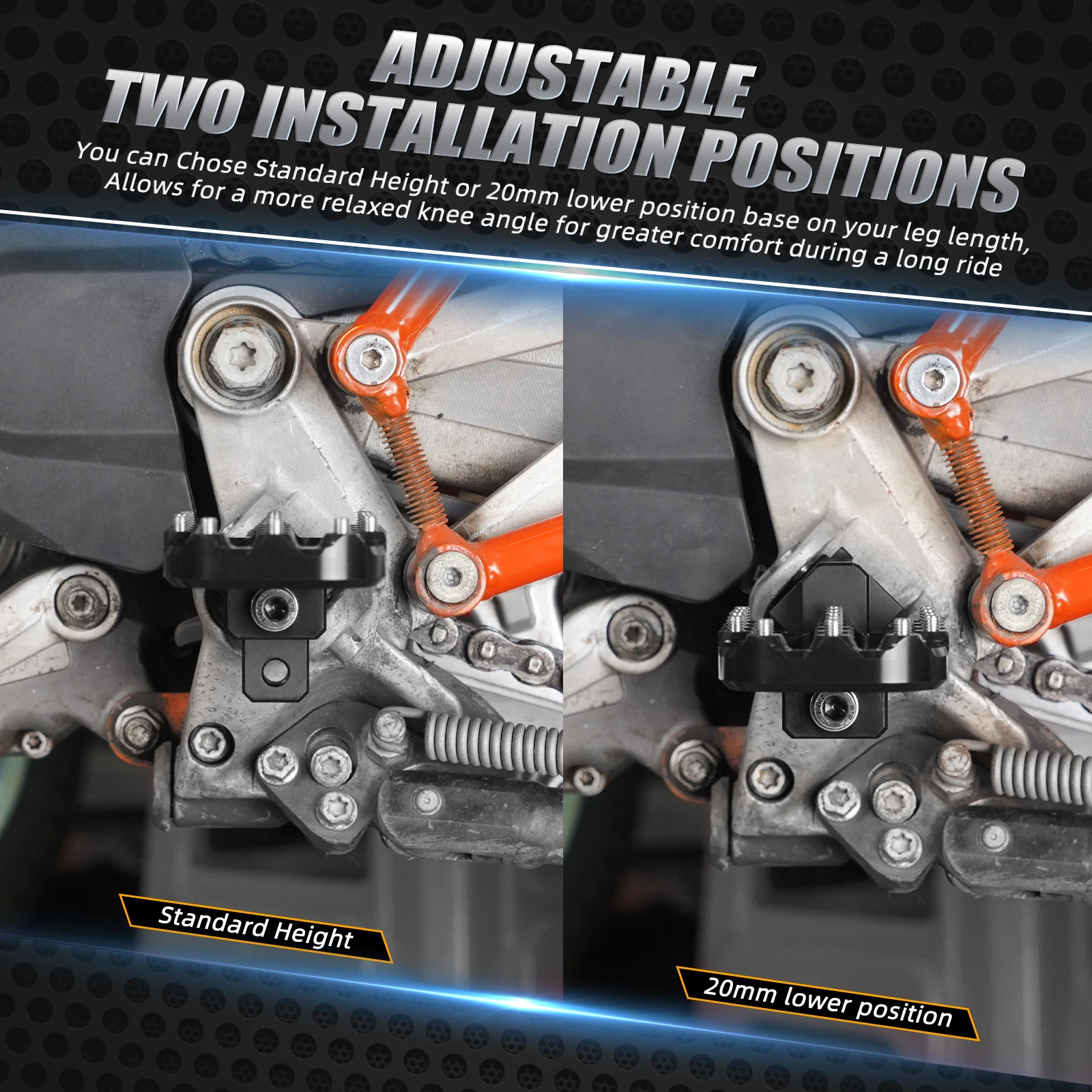 Für Husqvarna 701 Enduro/Supermoto 2016-2025 Verstellbare Fußrasten 20mm tiefer – Für KTM 690 Enduro R 690 SMCR 2008-2025 790 890 Adventure/R 2021-2025 950 990 1050 1090 1190 1290 Adventure R S T – Detail 2