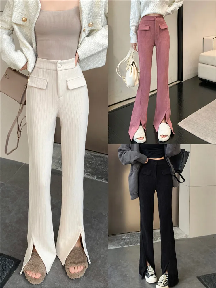 Black Split Straight Casual Pants For Women High Waist  Autumn And Winter Floor Length Trousers Micro Flared Corduroy Pants fashion broken holes micro flared jeans female trend streetwear high waist button splicing wide leg denim pants women s trousers