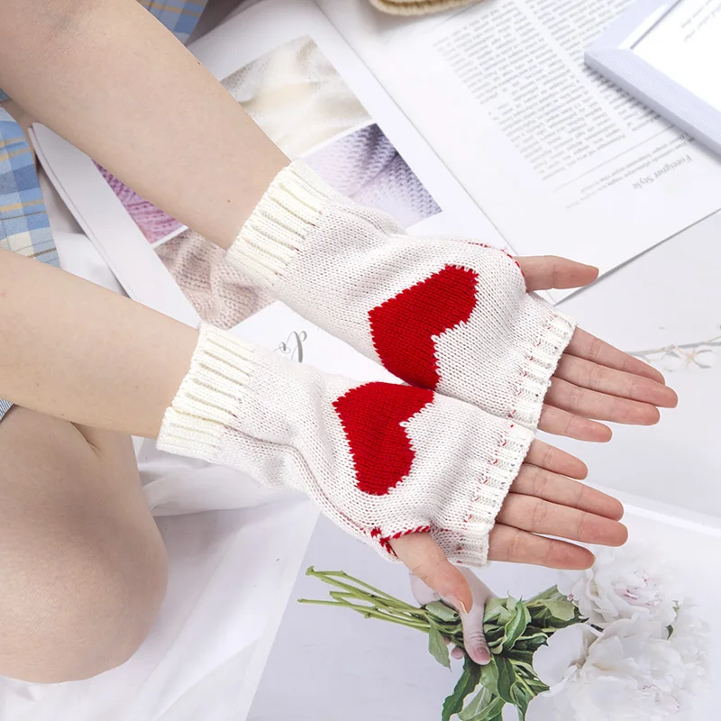 Women Winter Gloves Lolita Fingerless Glove Touch Screen Warm Knitted Love Heart Print Mitten Skiing Black Girls Gothic Gloves