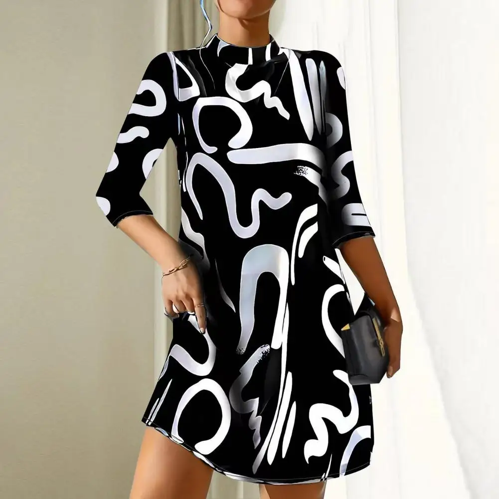 

Long Sleeve Mini Dress Vintage-inspired Printed Mini Dress with Half-high Collar Long Sleeves for Women Loose Fit Soft for Fall