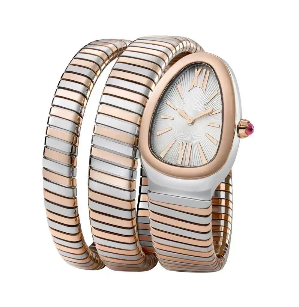 

Women Snake Bangle Silver Rose Gold Long Bracelet White Rome Quartz Stainless Steel Sapphire Watches