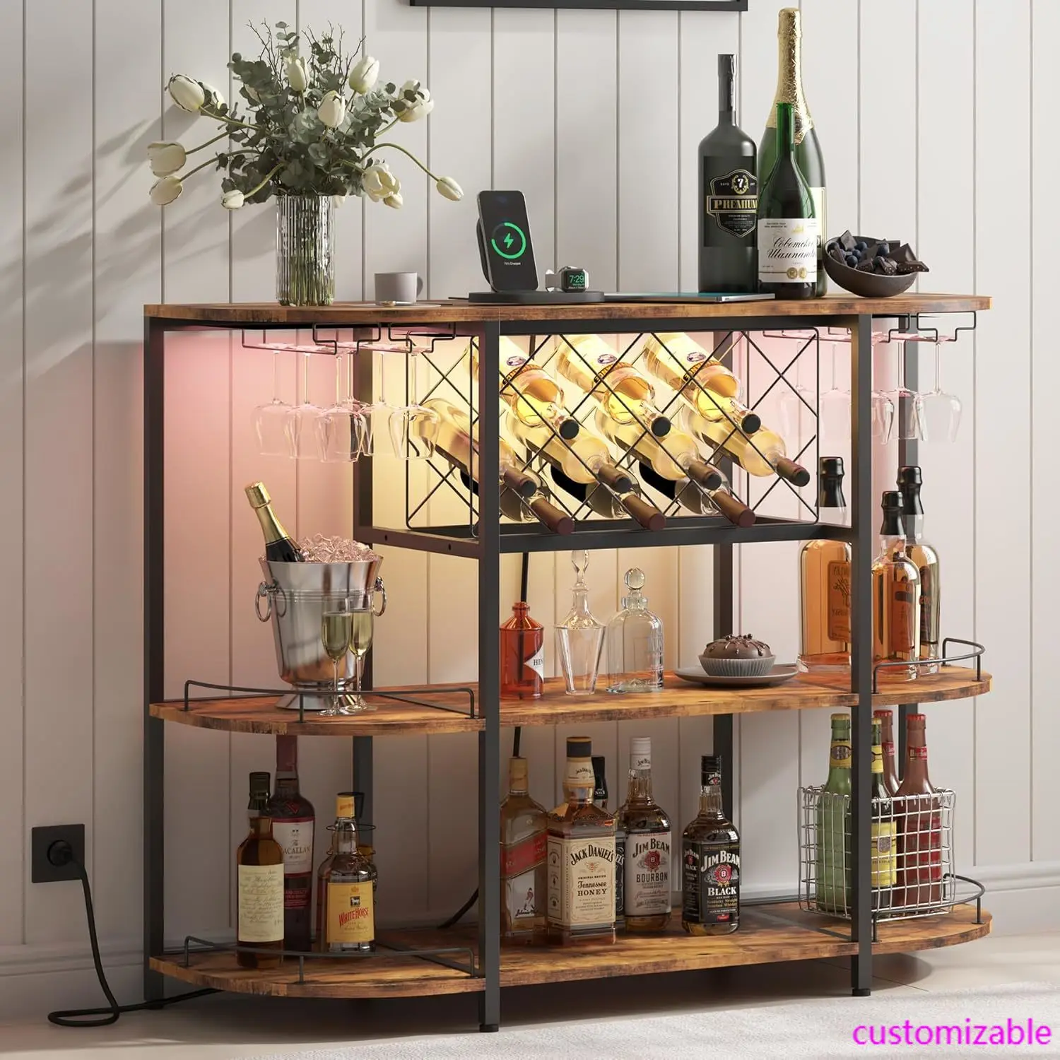 Wine Cabinet Bar Cart Table with Power Socket and LED Light,Three Tiers Coffee Bar Table Wine Rack Liqour Bar with Large Storage