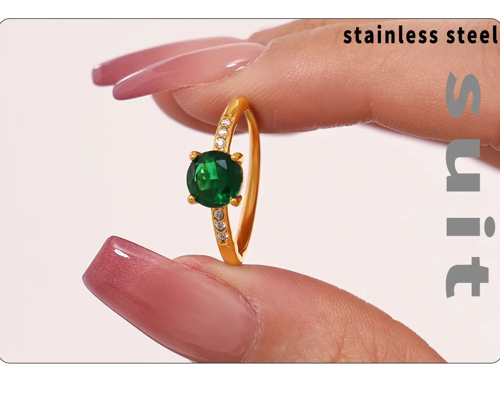 Runder Rot-Grüner Zirkonia-Ring für Damen, Edelstahl Vergoldet, Modischer Paar-Fingerring, Wasserfester Hochzeitsschmuck, Geschenk – Detail 2