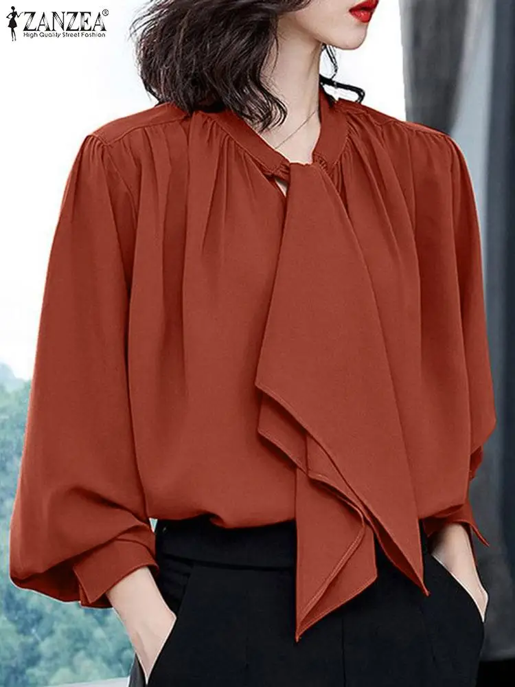 

ZANZEA Fashion Bandage Collar Shirt Oversized Women Vintage Blouse 2024 Spring Solid Office Tops Holiday Long Puff Sleeve Tunics